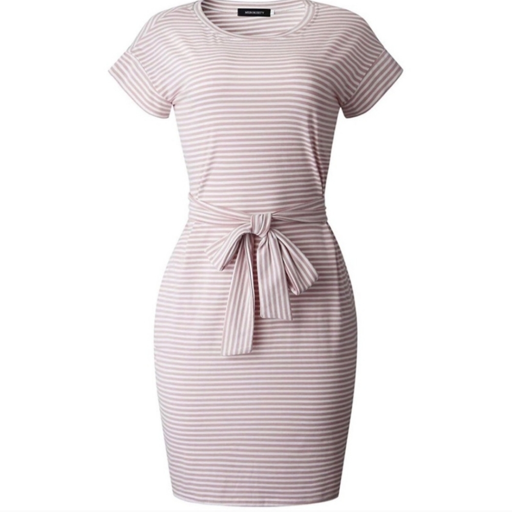 Merokeety Striped Tee Shirt Dress Casual Tie Waist With Pockets Size Medium